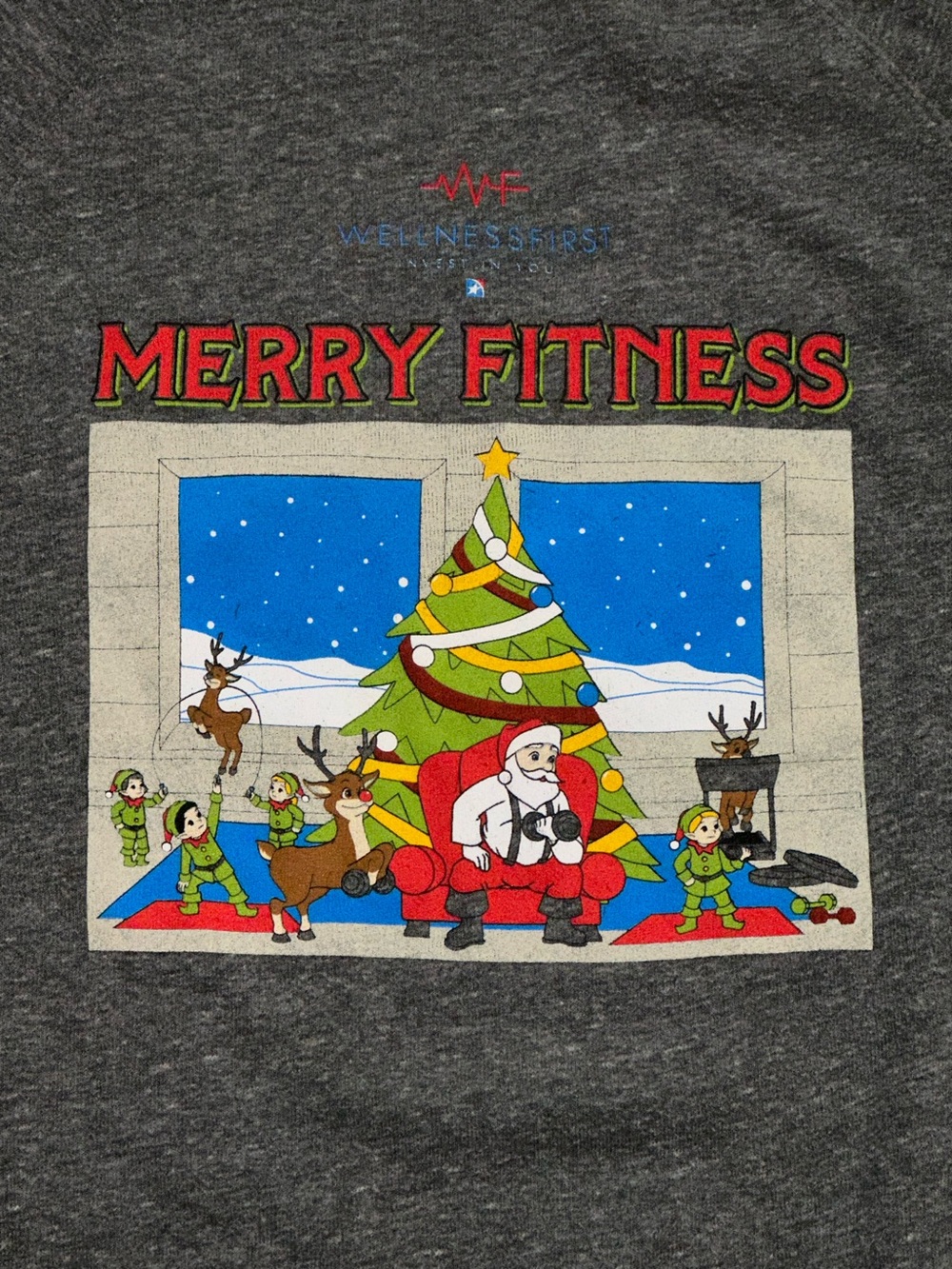 Merry Fitness Santa Weights Christmas Holiday Gray Crewneck Unisex Size Large